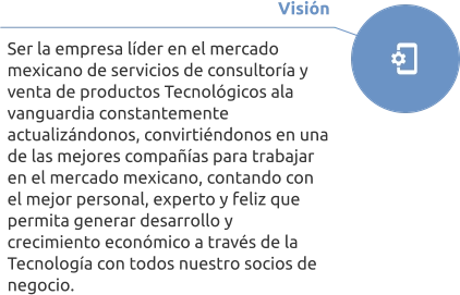 Visión  Ser la empresa líder en el mercado mexicano de servicios de consultoría y venta de productos Tecnológicos ala vanguardia constantemente actualizándonos, convirtiéndonos en una de las mejores compañías para trabajar en el mercado mexicano, contando con el mejor personal, experto y feliz que permita generar desarrollo y crecimiento económico a través de la Tecnología con todos nuestro socios de negocio.
